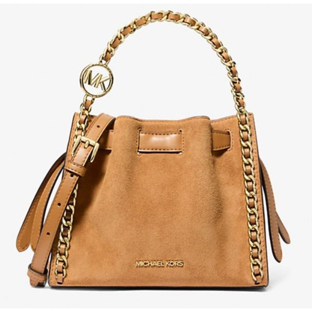 MICHAEL KORS Mina Small Suede Chain Crossbody Bag Deer Brown Gold MK Logo NWT